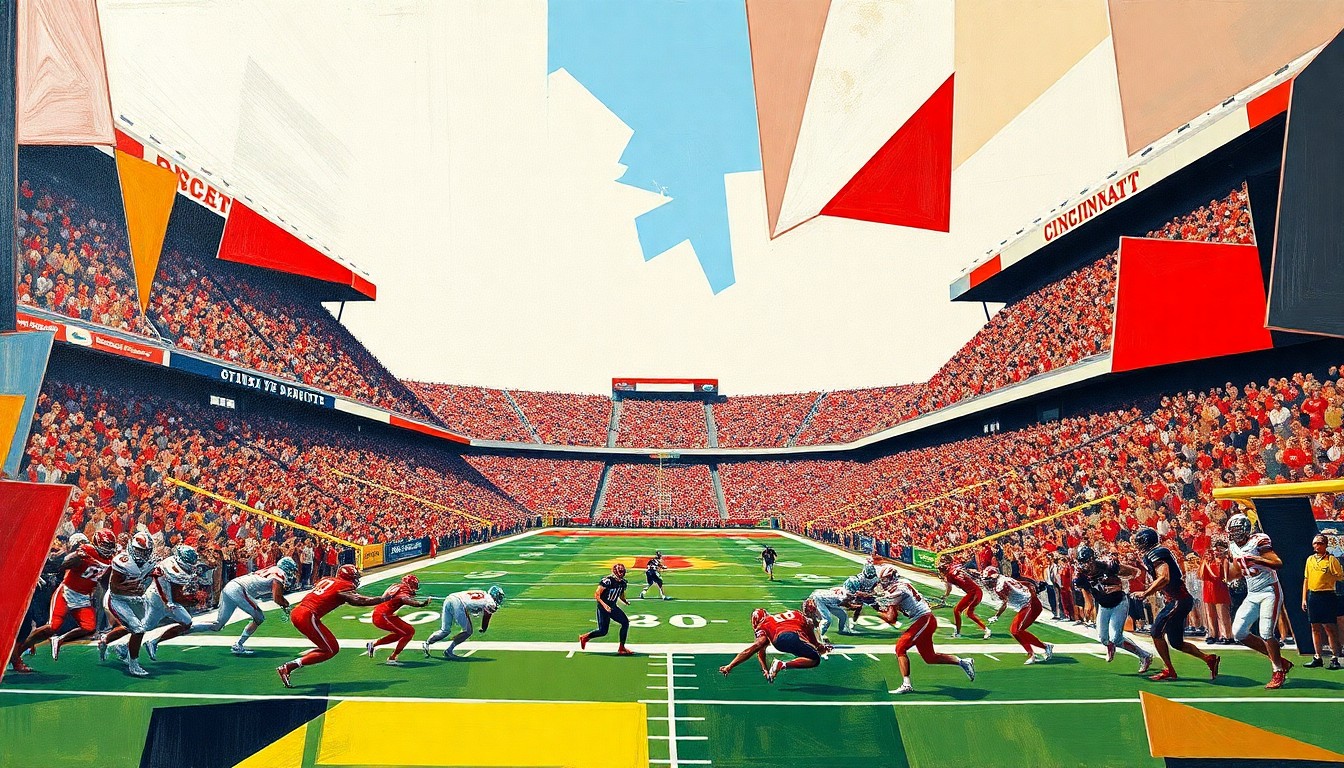 A cubist, geometric painting depicting a Cincinnati Bearcats football game, with the players and field abstracted into bold, angular shapes and planes of color, capturing the intensity and energy of the spring game.