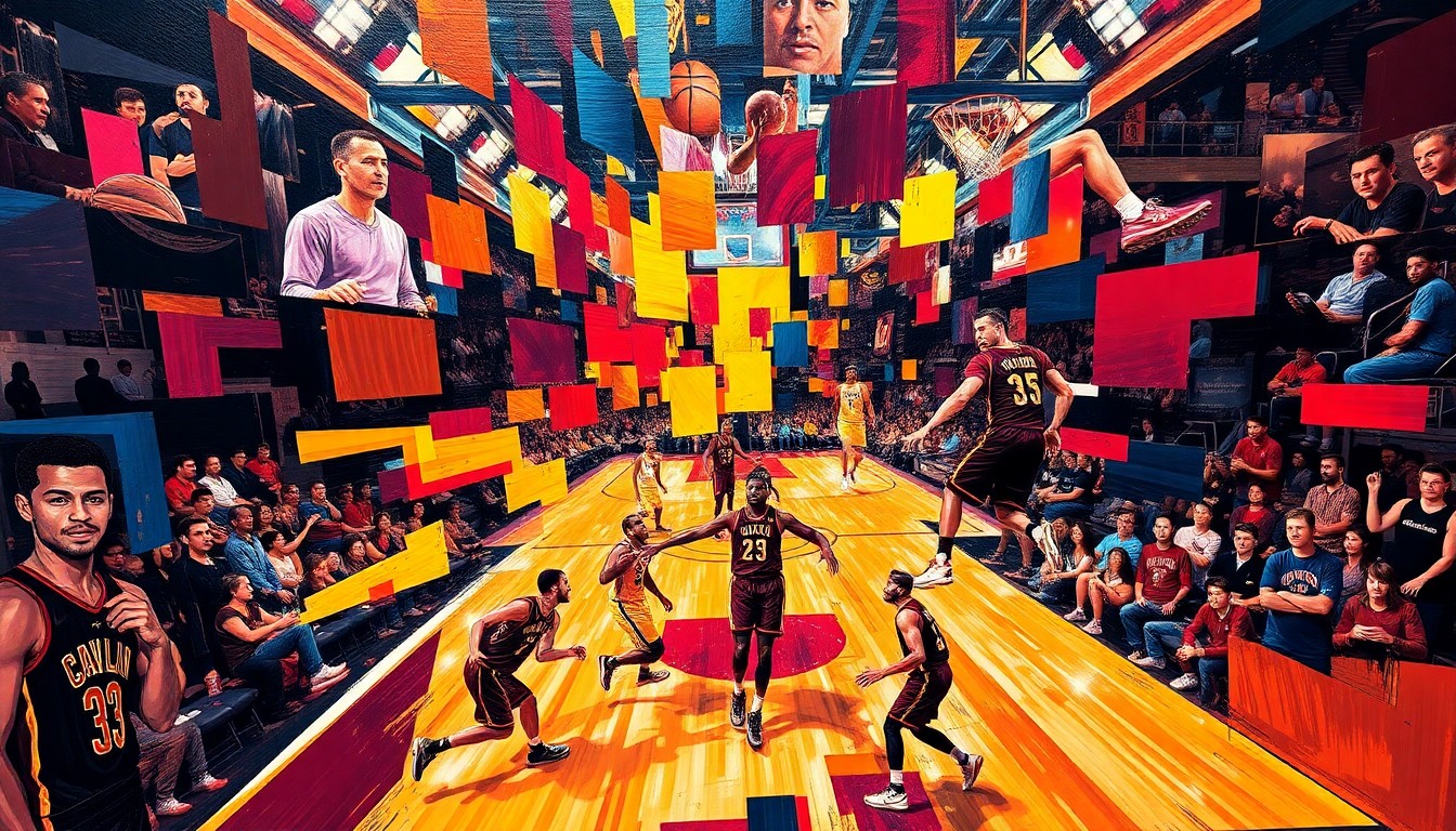 A cubist, geometric painting depicting a basketball game in motion, with fragmented, overlapping shapes and planes of the Cavaliers' and Raptors' team colors creating a dynamic, kinetic visual representation of the competitive playoff matchup.