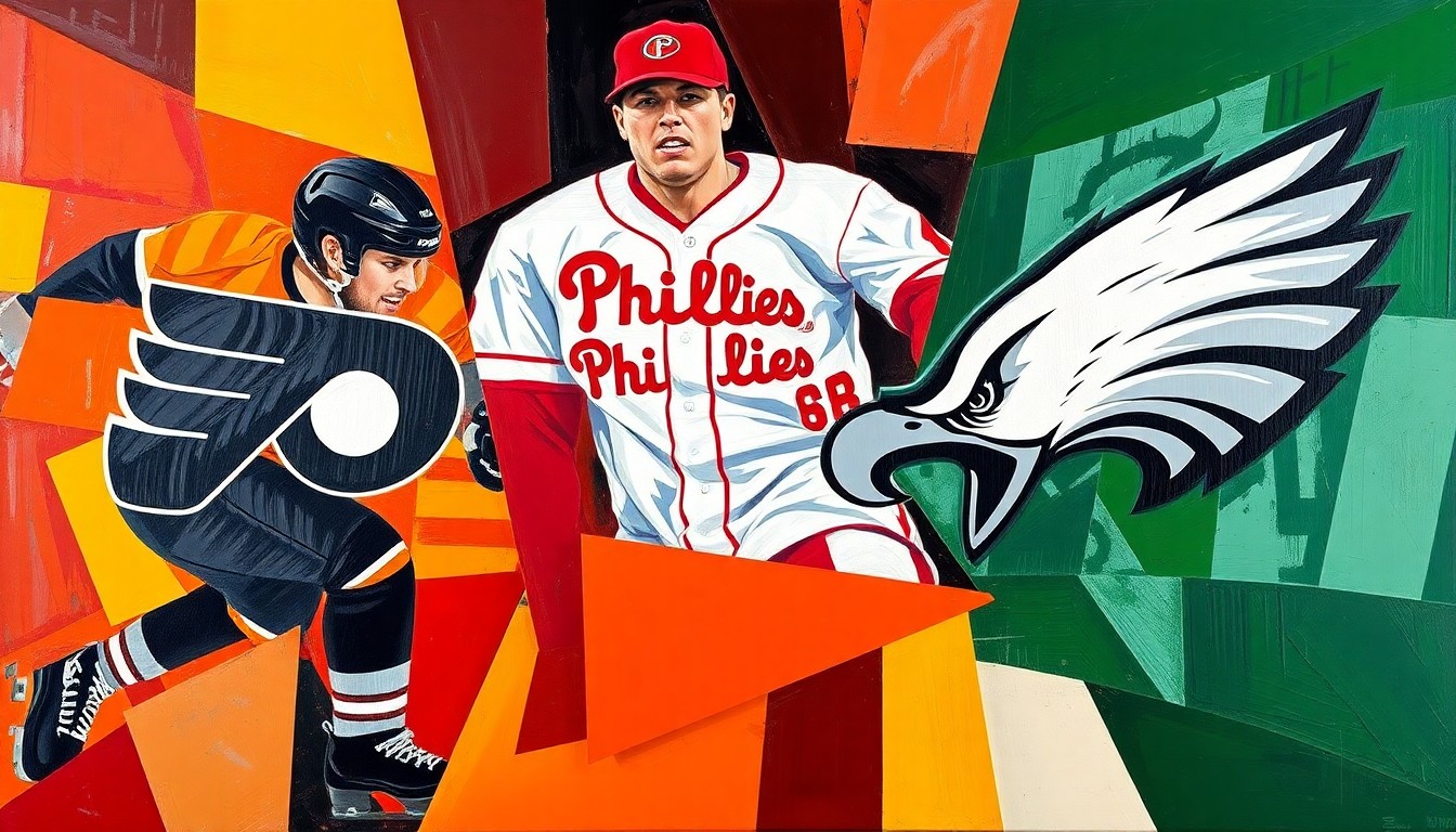 A cubist, geometric painting featuring overlapping planes of orange, black, red, white, green, and silver, representing the sports teams and players featured in the Ocean City Sports Memorabilia Show story, without any identifiable logos or text.
