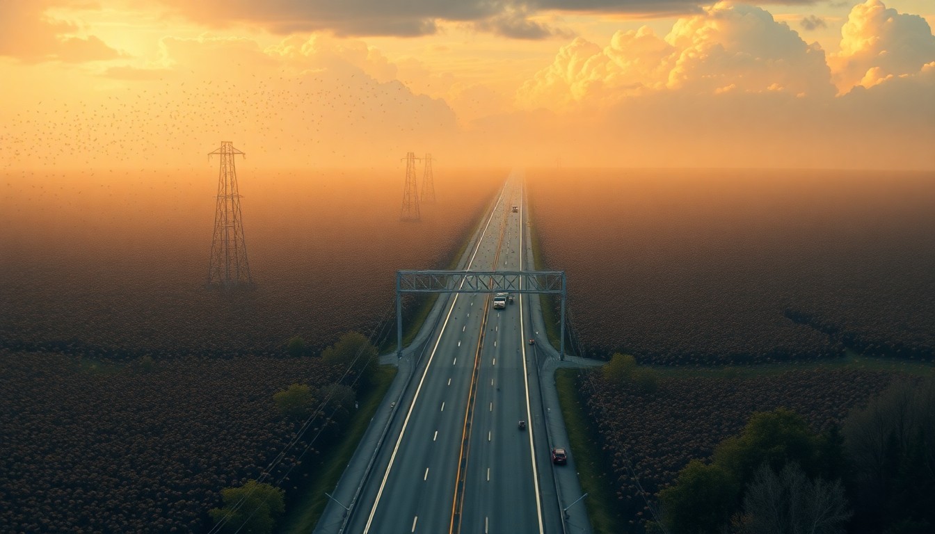 A sweeping, atmospheric landscape painting depicting Interstate 40 obscured by a dense, swirling cloud of bees, conveying the overwhelming scale and power of the natural disaster.