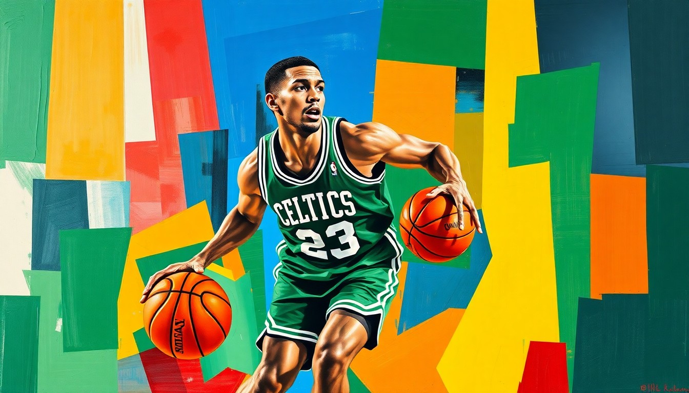 A fragmented, cubist-style painting depicting a basketball player in motion, with sharp geometric shapes and planes of Celtics green and 76ers blue, conceptually representing the intensity of the upcoming playoff matchup.