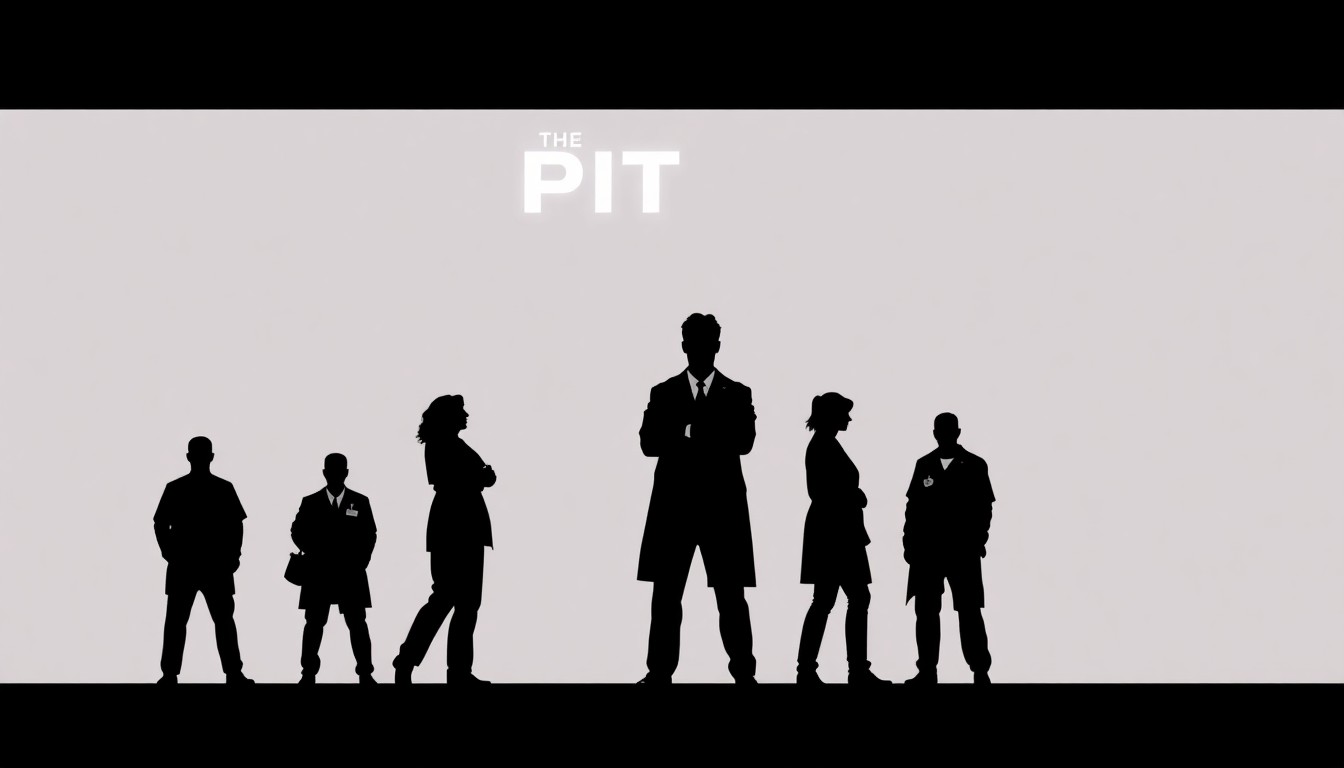 A minimalist, abstract illustration featuring bold black silhouettes and high-contrast solid colors representing the night shift staff of The Pitt hospital, conceptually capturing the intensity and importance of their work.