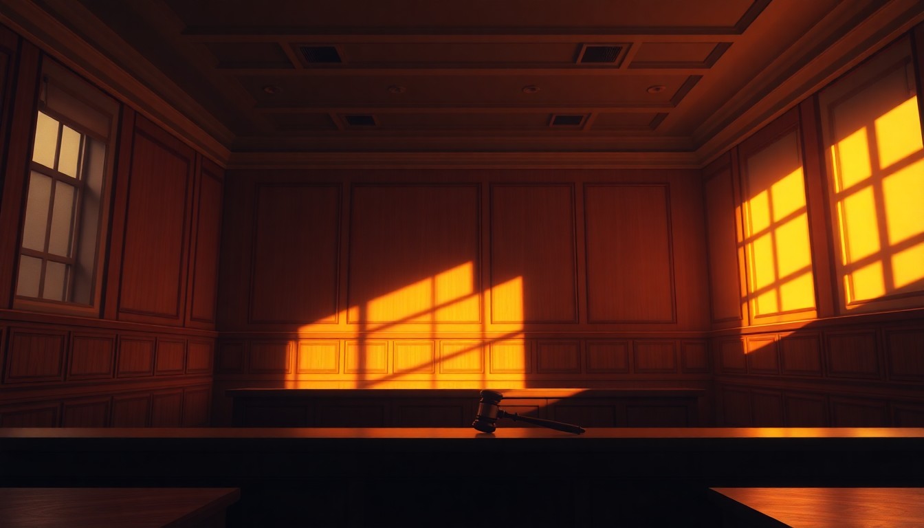 A quiet, cinematic painting of an empty courtroom with a single gavel resting on the judge's bench, bathed in warm, diagonal sunlight and deep shadows, conceptually illustrating the secretive nature of the Supreme Court's 'shadow docket' rulings.