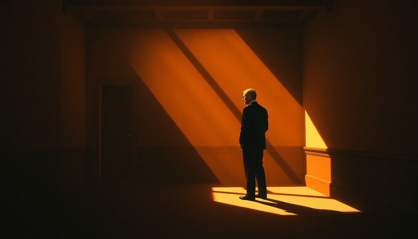 A dimly lit, cinematic painting of an empty political office or government building, with warm sunlight streaming in through a window and casting deep shadows across the room, conveying a sense of solitude and contemplation.