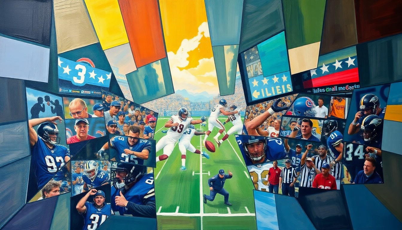 A fragmented, geometric painting depicting the elements of a football trade, with sharp lines and planes representing the complex negotiations and decisions involved.