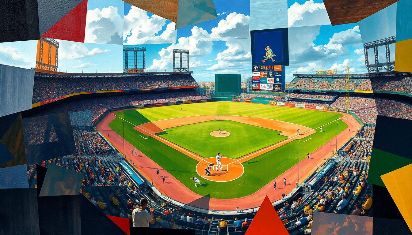 A cubist, geometric painting depicting a baseball game broken down into fragmented, overlapping shapes and planes of color, capturing the dynamic energy of the sport.