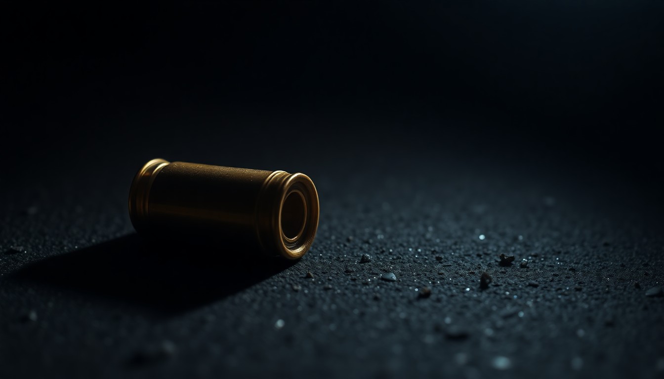 An extreme close-up of a single spent shell casing on a dark, textured surface, the harsh flash creating dramatic shadows and highlights to convey the serious, investigative nature of this crime scene.