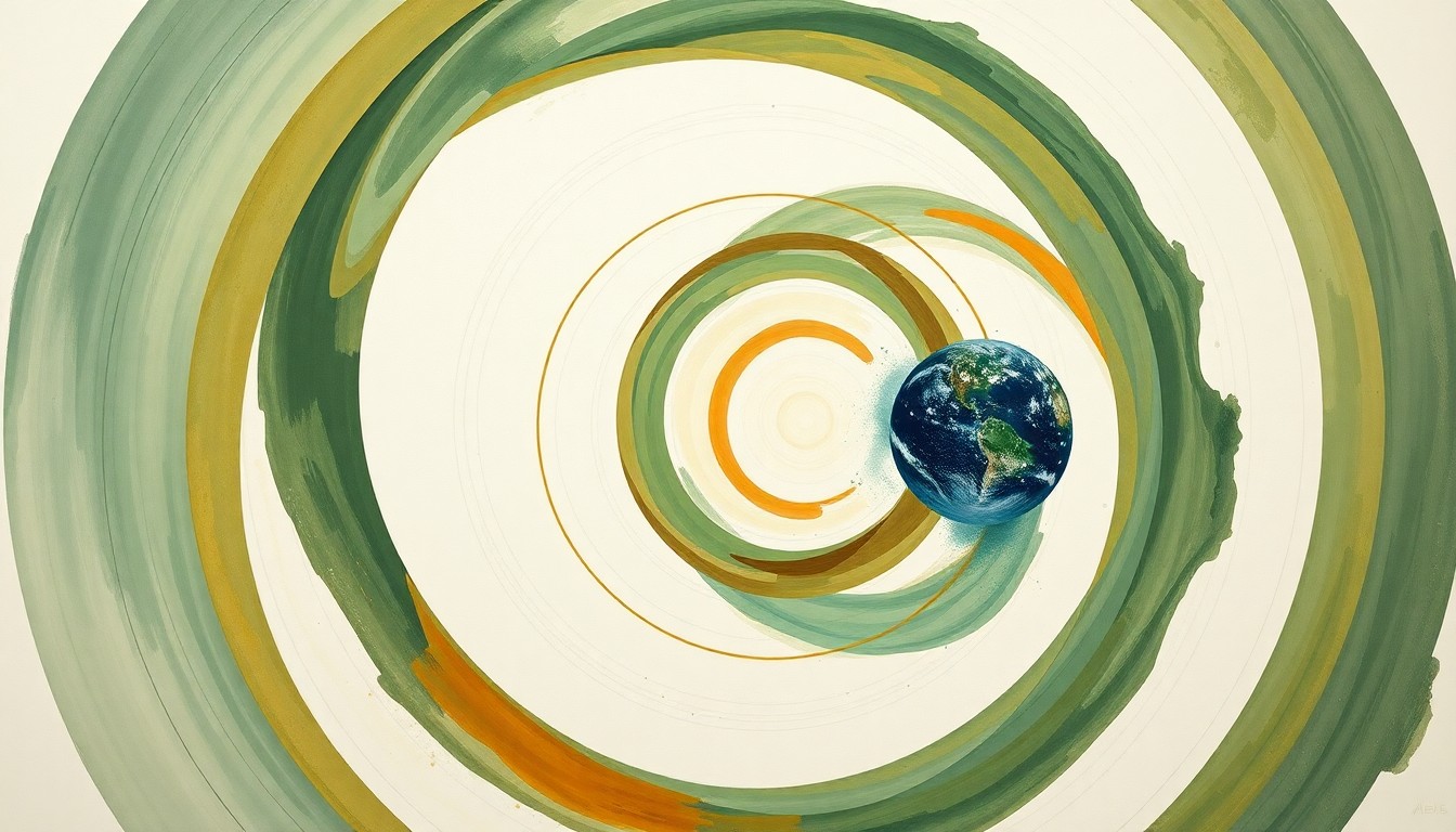 A bold, abstract painting in earthy greens, blues, and ochres, featuring sweeping geometric arcs, concentric circles, and precise botanical spirals, conceptually representing the complex systems and forces of the natural world.