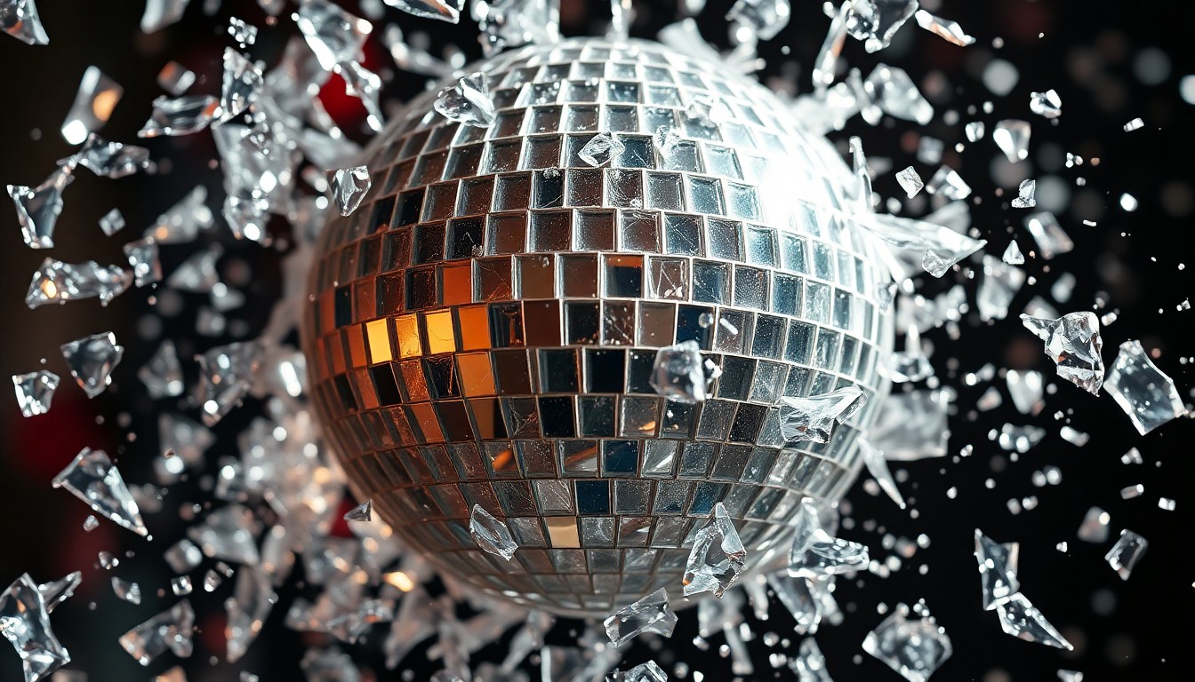 An abstract close-up photograph featuring shattered glass and glittering disco ball fragments, conveying the high-drama glamour and emotional intensity of a reality TV love triangle.