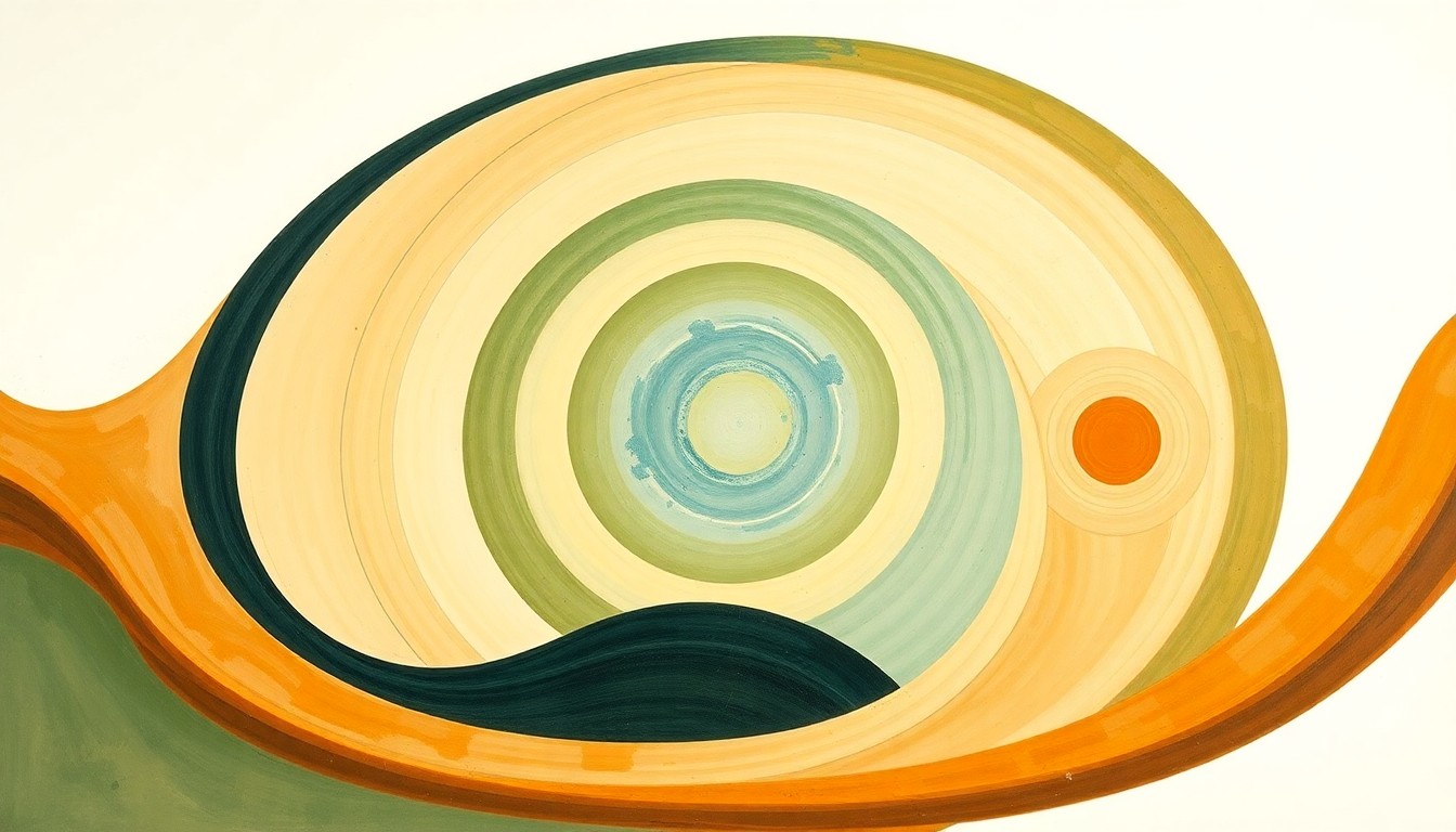 A bold, abstract painting in soft green, blue, and ochre tones depicting sweeping geometric shapes, concentric circles, and precise spirals, conceptually representing the complex systems and forces involved in transitioning a city to sustainable energy.