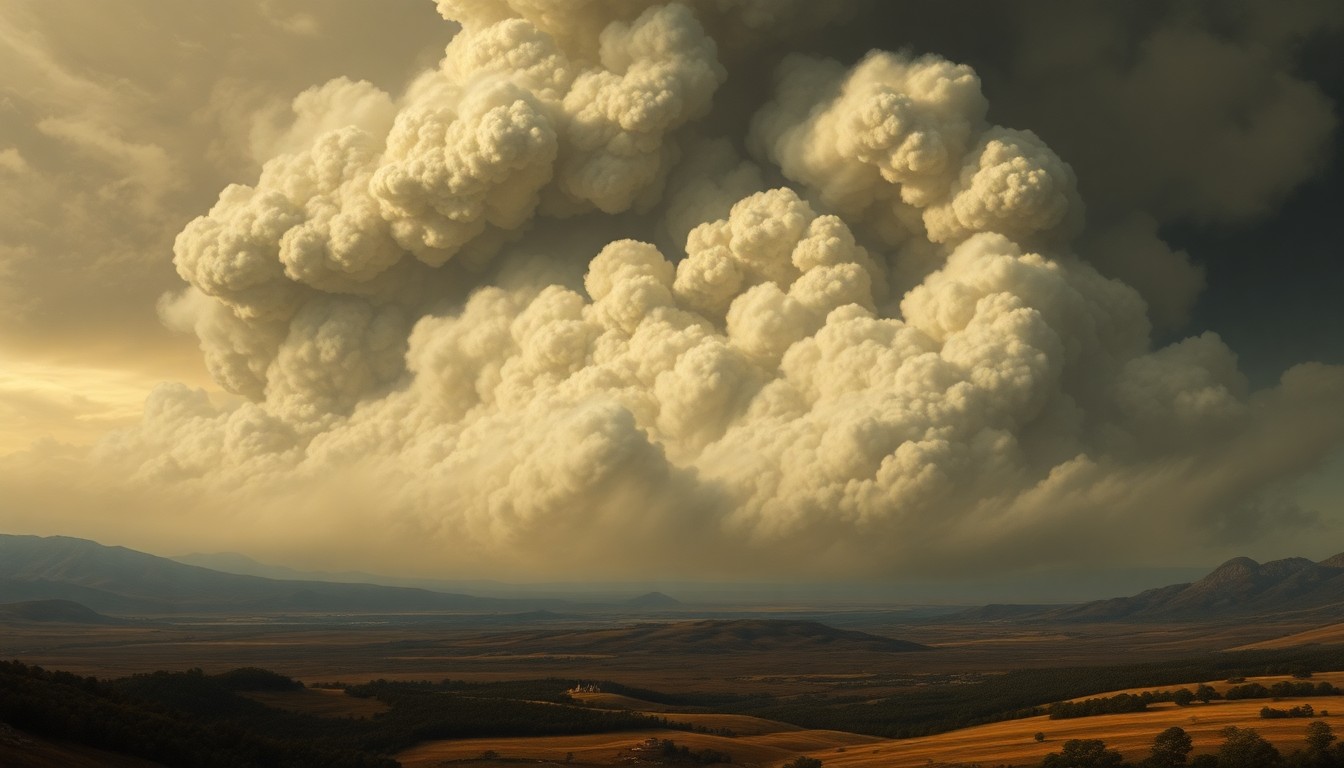 A dramatic, atmospheric landscape painting depicting a massive column of thick, billowing smoke rising up and obscuring the horizon, conveying the overwhelming scale and power of the rural woods fire.