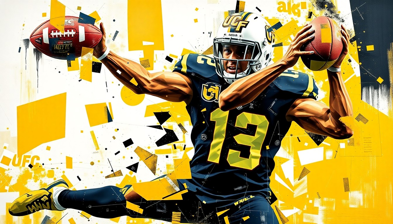 A cubist, geometric painting depicting a UCF football player making a catch, with the player's form broken down into overlapping planes of gold, black, and white.