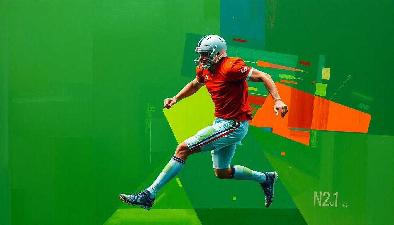 A cubist-style painting depicting a football player in mid-motion, with their body broken down into sharp, overlapping geometric shapes in a vibrant color palette, conceptually representing the dynamic energy and potential of a talented transfer player joining a new team.