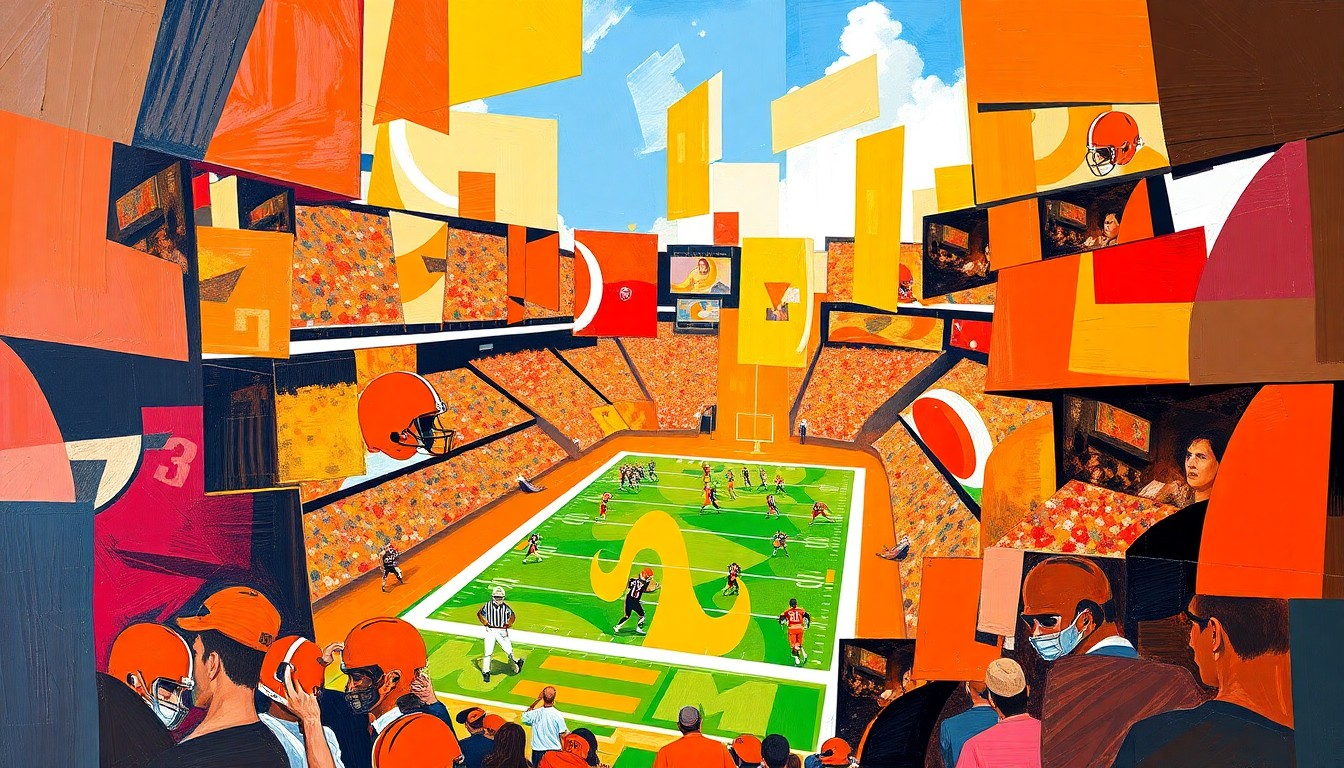 A fractured, cubist-style painting depicting an abstract football scene, with sharp geometric shapes and planes in the Browns' team colors of orange and brown, conceptually representing the potential talent available at the team's fourth-round draft pick.