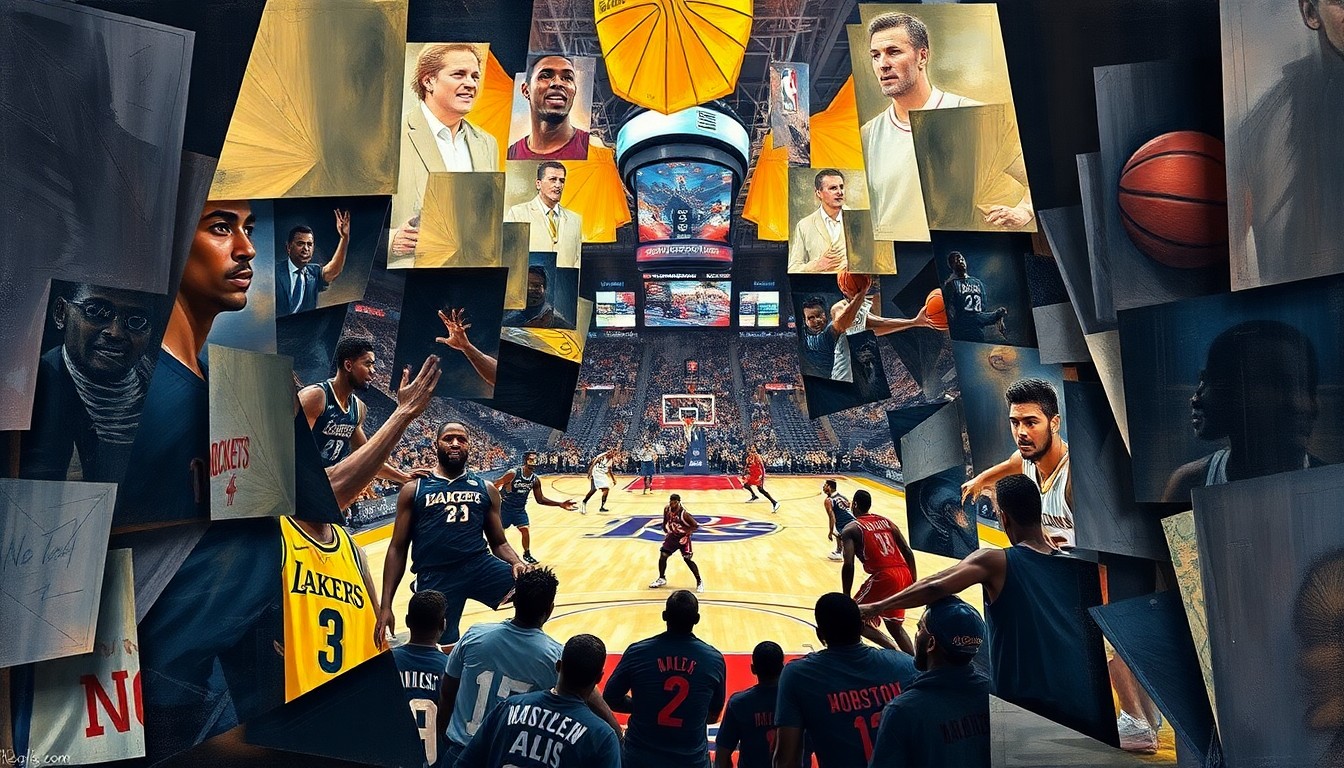A fractured, multi-perspective painting depicting an abstract basketball game, with the players' figures broken down into sharp, overlapping geometric shapes and forms.