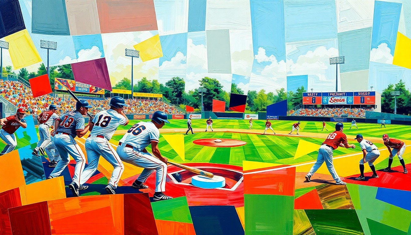 A fractured, geometric painting in the style of Pablo Picasso, depicting the dynamic action of a high school baseball game through overlapping planes of vibrant colors and shapes.