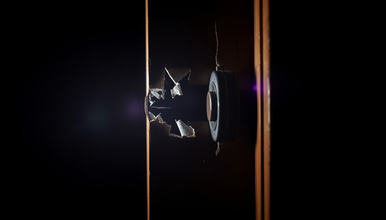 An extreme close-up photograph of a damaged door frame, capturing the harsh, gritty details of the crime scene in stark contrast against a pitch-black background, conceptually representing the violation of a private home's security.