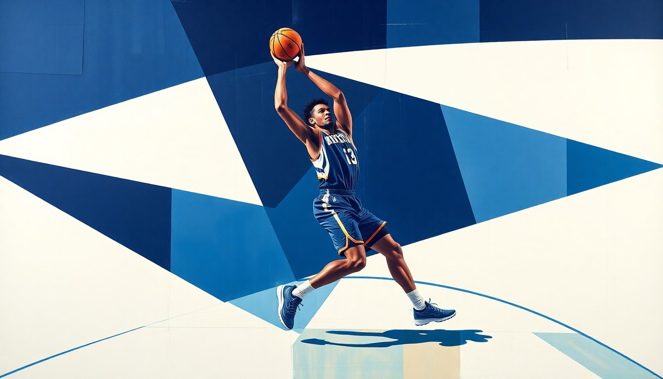 A fragmented, geometric painting depicting the movements and positioning of a basketball player on the court, with sharp planes of navy blue, powder blue, and white.
