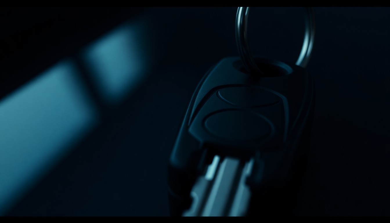 An extreme close-up photograph of a car key with a faint reflection, conceptually representing the urgency and investigation around a missing person case.
