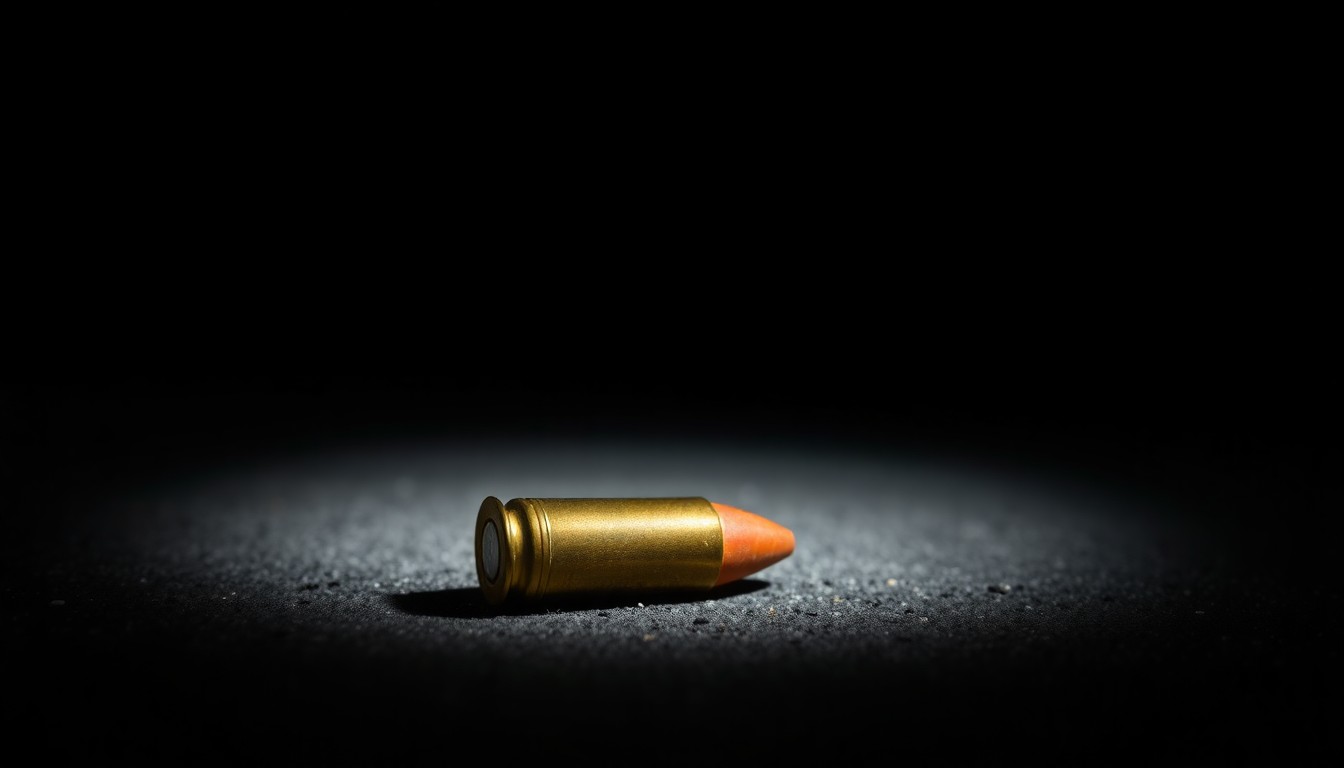 An extreme close-up photograph of a spent bullet casing on the ground, conceptually illustrating the aftermath of a violent incident.