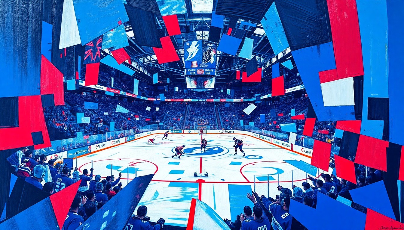 A fractured, geometric painting in bold blues, reds, and whites, depicting the intense action of a hockey game between the Montreal Canadiens and Tampa Bay Lightning, with players and the puck broken down into sharp, overlapping planes.