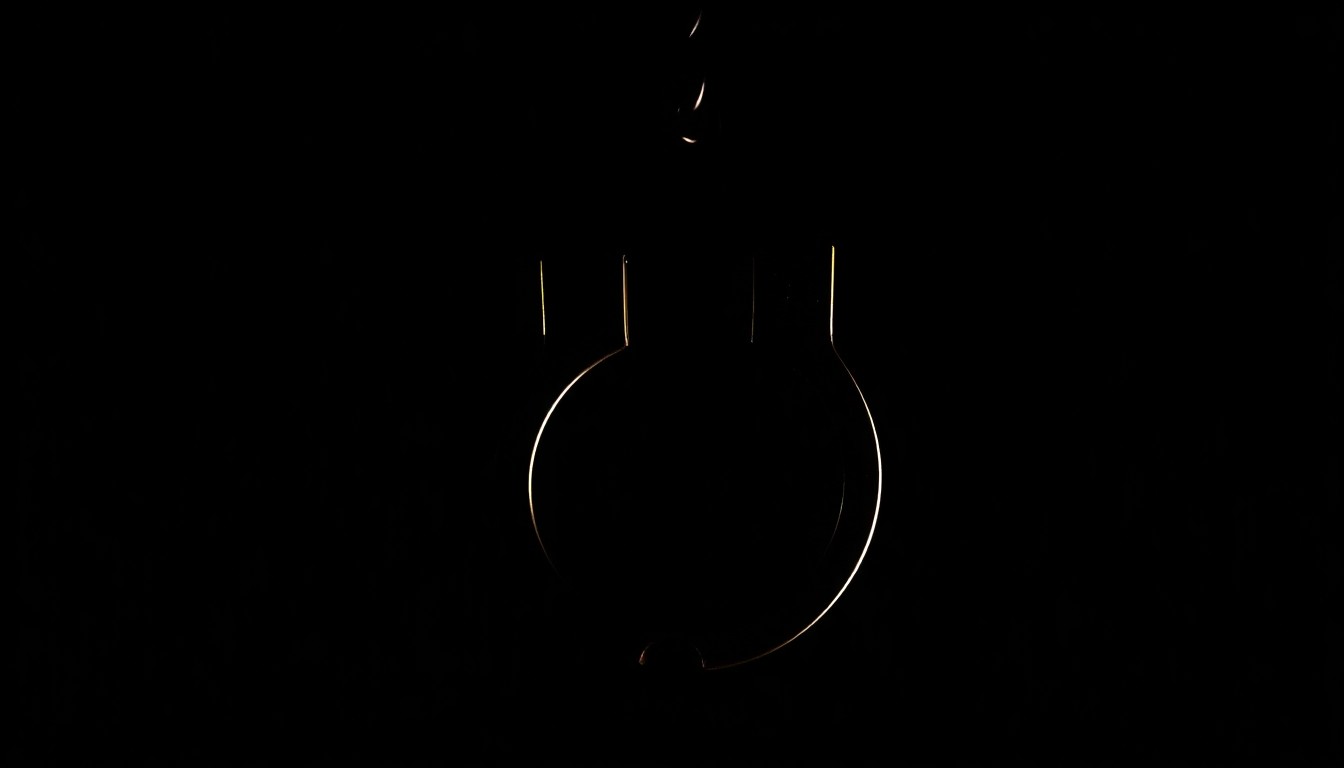 An extreme close-up photograph of a single handcuff against a pitch-black background, conveying the stark, gritty, and investigative nature of a criminal case.