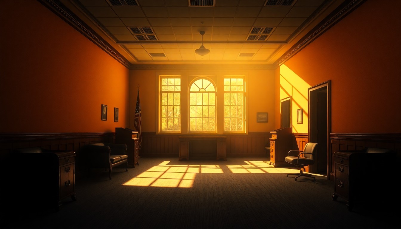 A dimly lit, cinematic government office interior with warm sunlight streaming through the windows, casting deep shadows across the empty desks and chairs, creating a sense of unease and political tension.
