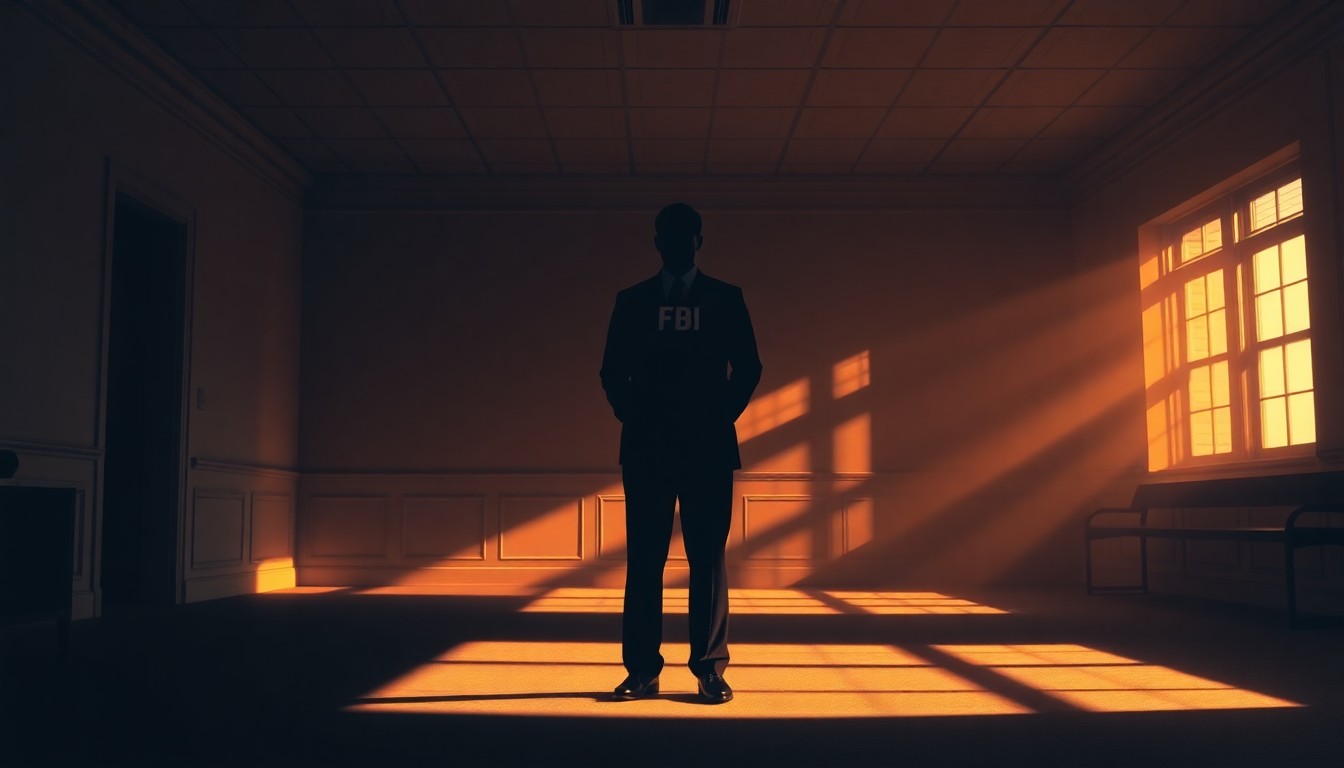 A dimly lit, cinematic painting of a lone FBI agent standing in an empty government office, the agent's face obscured in shadow while warm sunlight streams in through the window, creating a palpable sense of isolation and unease.