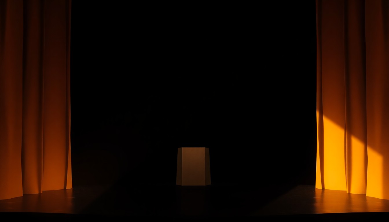 A cinematic painting of a solitary podium on a stage, with warm sunlight and deep shadows, conceptually representing the tense political atmosphere of the event.