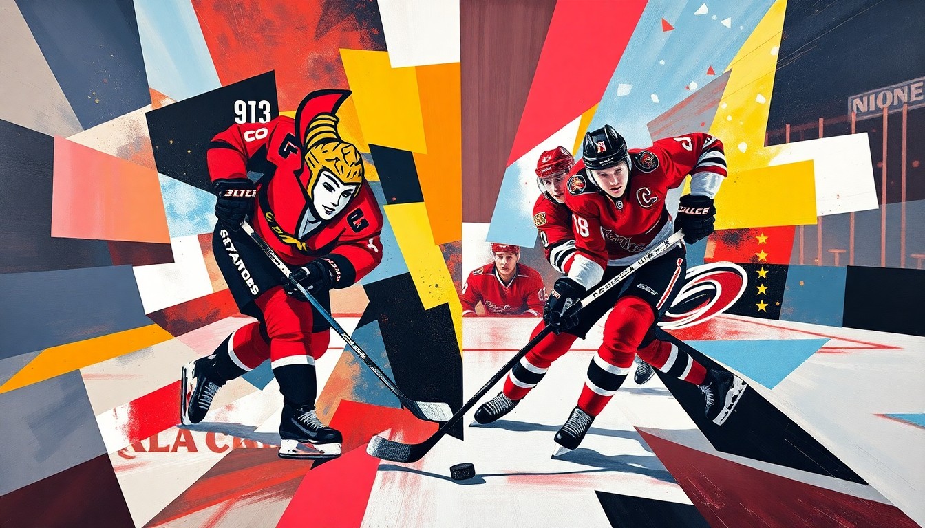 A fractured, cubist-style painting depicting the action of a hockey game between the Ottawa Senators and Carolina Hurricanes, with the players and puck broken down into sharp, overlapping geometric shapes and planes of vibrant red, black, and white colors.