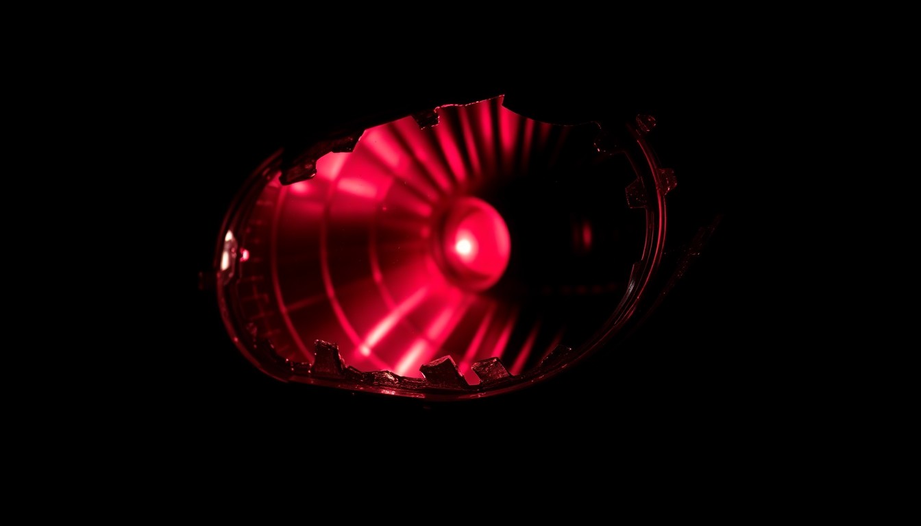 An extreme close-up photograph of a shattered car headlight lens, reflecting a faint red glow against a pitch-black background, conceptually illustrating the aftermath of a fatal car crash.