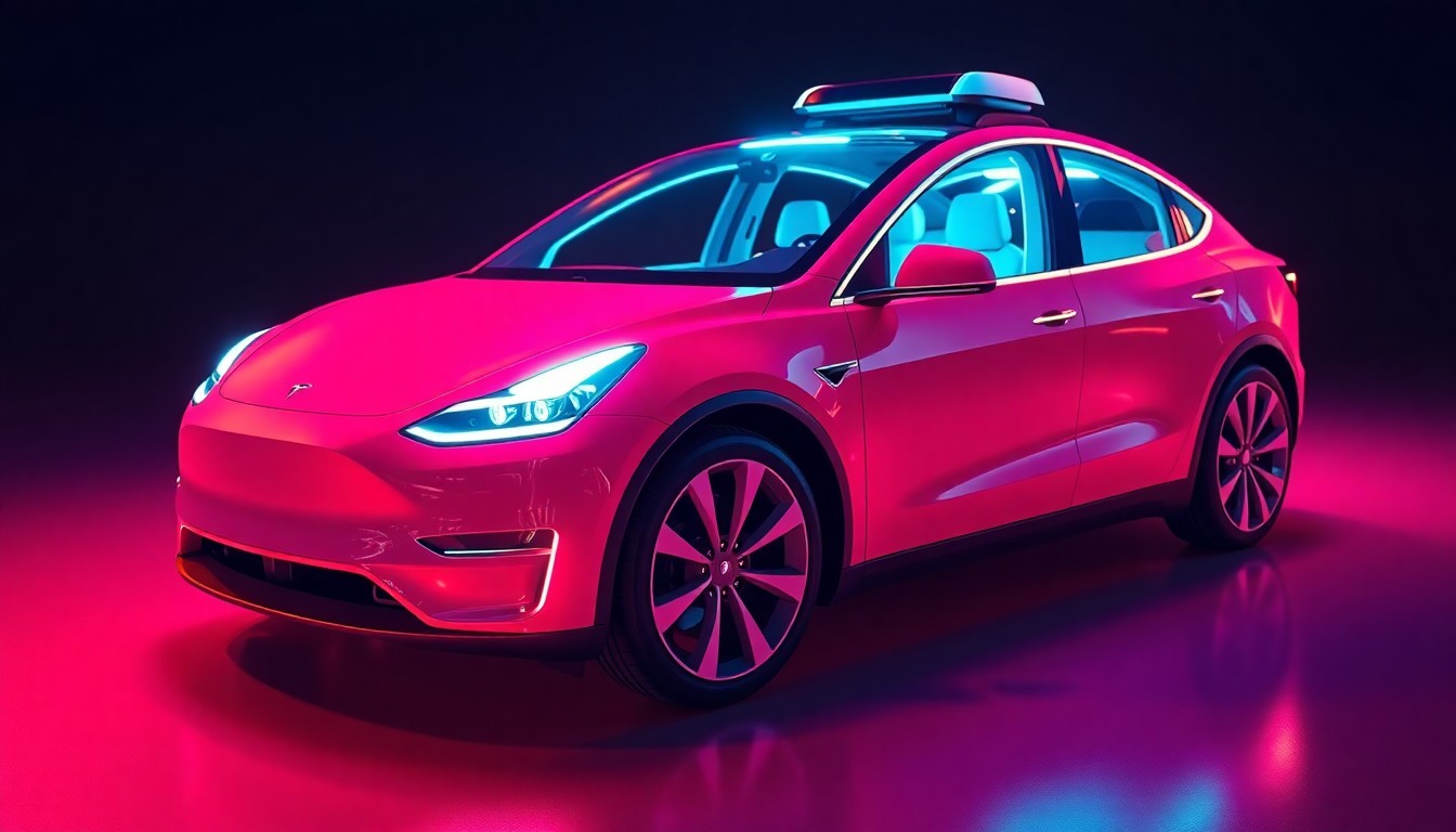 A highly detailed, glowing 3D illustration of a Tesla Model Y electric vehicle with its sensors and hardware components illuminated by neon cyan and magenta lights, conceptually representing the advanced autonomous driving technology behind the company's robotaxi service.
