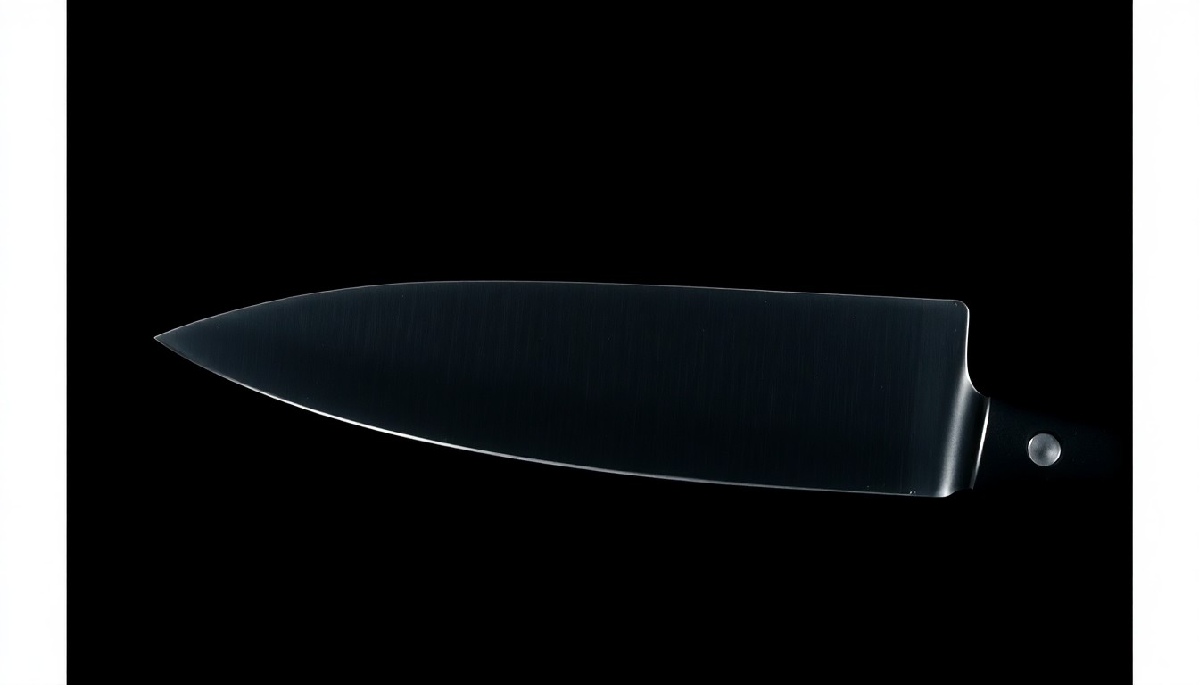 An extreme close-up photograph of a knife blade against a pitch-black background, lit by a harsh, direct camera flash, conceptually representing the violent nature of the crime.