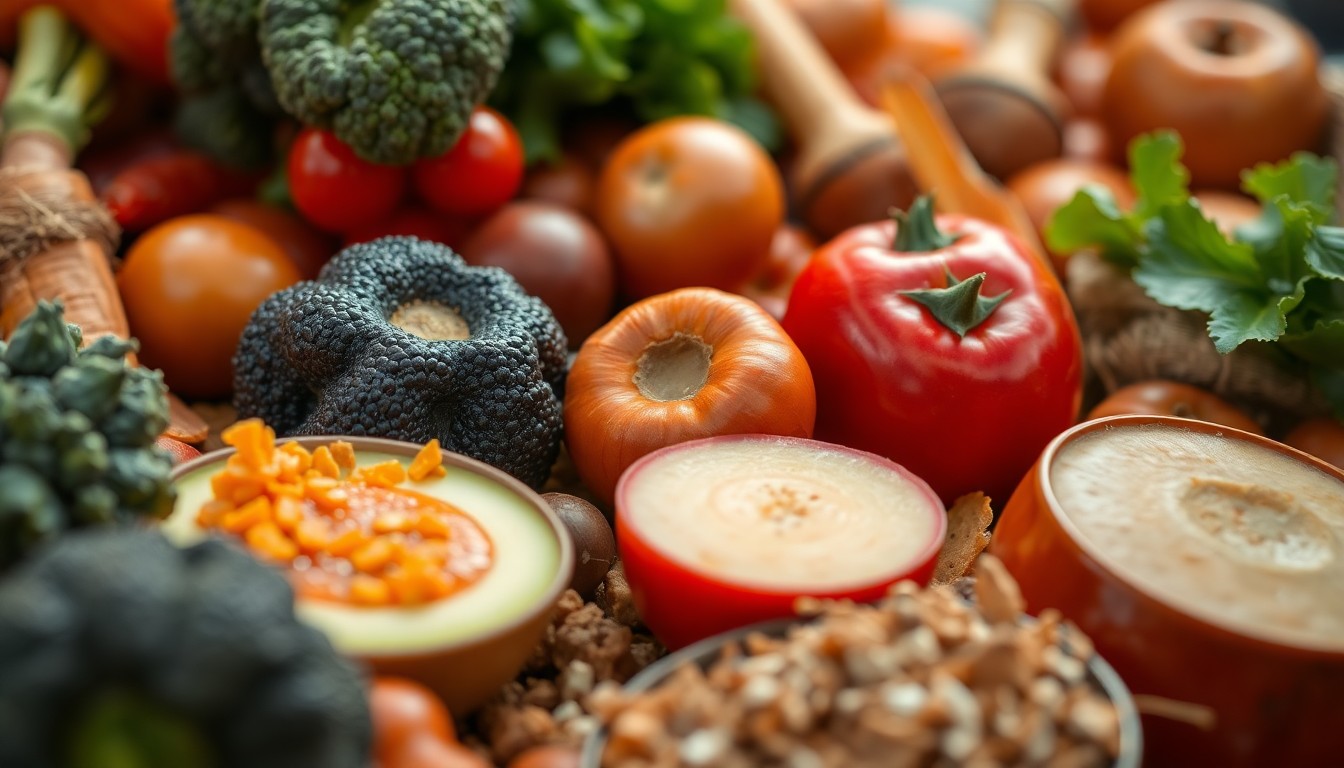 An extreme close-up photograph of lush, textured organic produce and natural ingredients in warm, earthy tones, conceptually representing the artisanal and community-focused spirit of a local grocery store anniversary celebration.