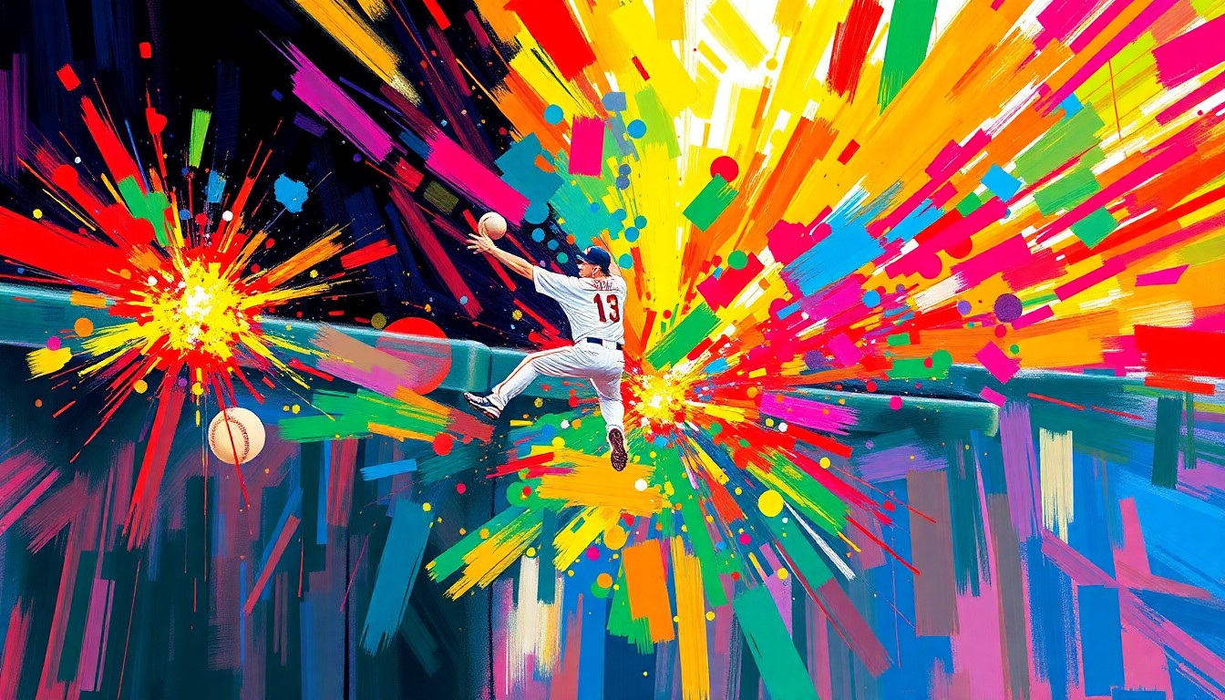 An abstract, heavily textured oil painting in bright neon colors depicting the intense moment of a baseball player leaping to make a catch at the outfield wall, their body and the ball dissolving into vibrant brushstrokes.