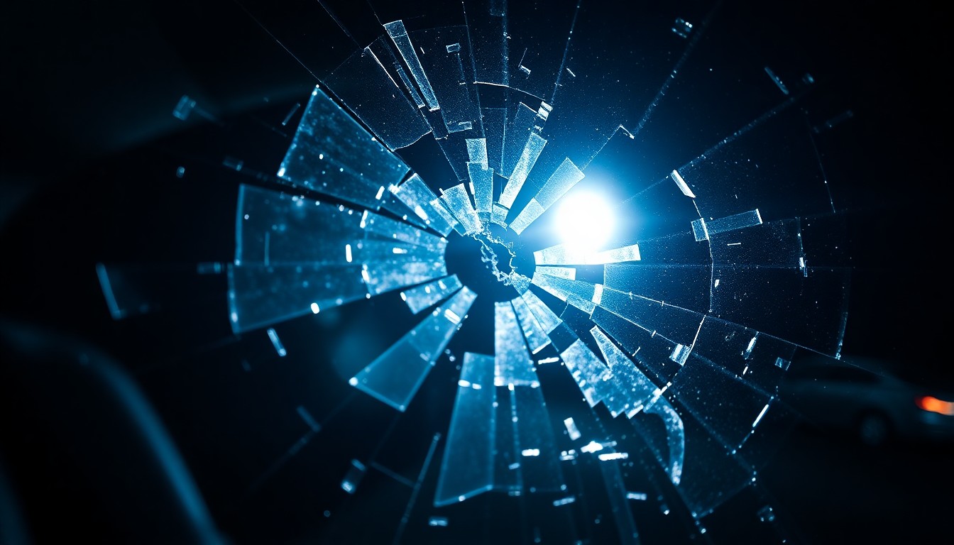 An extreme close-up photograph of a shattered car window reflecting the harsh light of a camera flash, conceptually representing the violent nature of this carjacking incident.