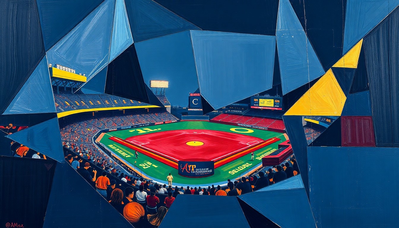 A cubist, geometric painting depicting a college baseball game, with sharp, overlapping planes of navy blue, maroon, and gold representing the dynamic action and energy of the contest.
