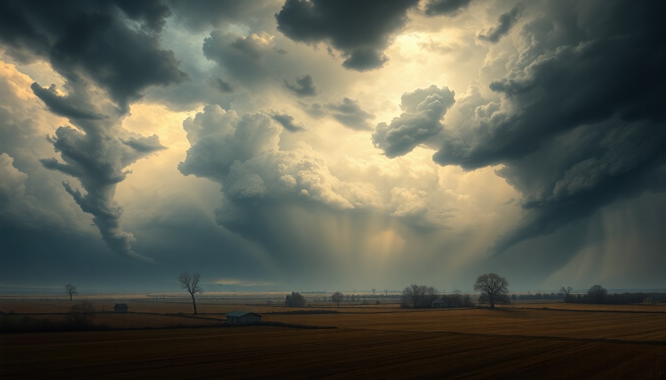 A sweeping, atmospheric landscape painting depicting the aftermath of a tornado in a rural Illinois setting, with damaged structures and debris dwarfed by the overwhelming scale of the natural disaster.