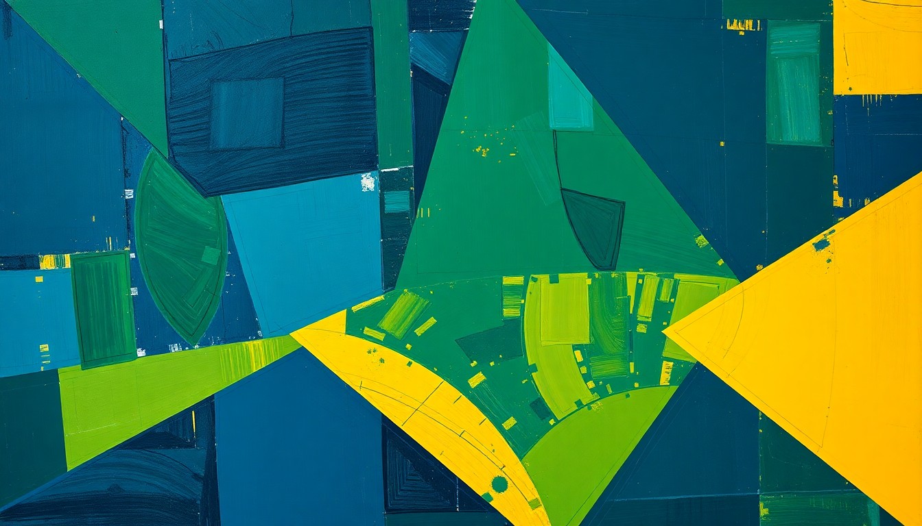 A cubist-style painting featuring overlapping geometric shapes in shades of blue, green, and yellow, conceptually representing the complex dynamics of a basketball game or match.