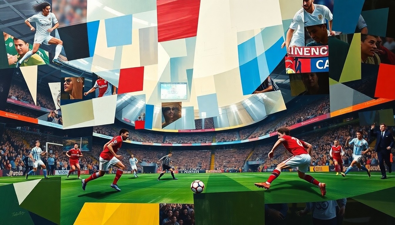 A fragmented, geometric painting depicting a soccer match between two teams, with the players and field broken down into sharp, overlapping shapes and planes of color, conveying the intensity and drama of the competition.