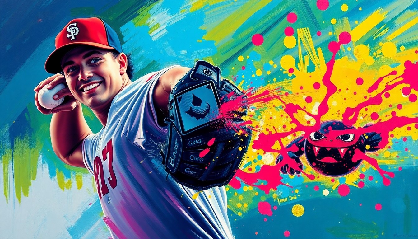 An abstract, expressionist painting featuring vibrant neon brushstrokes capturing the dynamic motion of a baseball pitcher winding up to throw, with a Gengar Pokémon card on the glove dissolving into colorful splatters, conveying the energy and creativity of player-customized sports gear.
