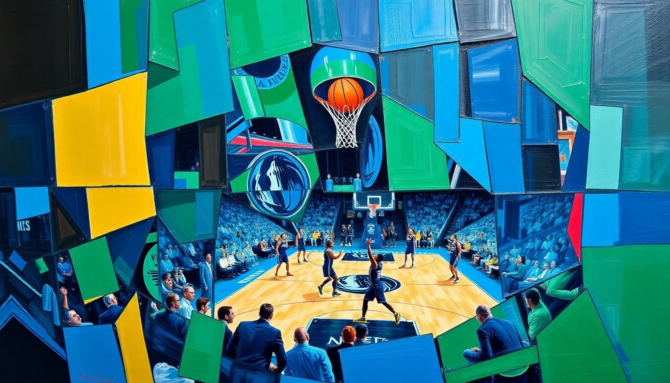 A cubist, geometric painting featuring overlapping planes of bright blue and green, conceptually representing the energy and potential of the Dallas Mavericks' top draft picks.