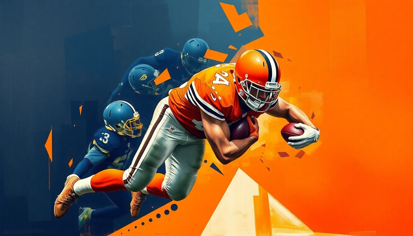 A fragmented, cubist-style painting depicting a Browns defensive player making a tackle, with the action broken down into sharp, overlapping geometric shapes in shades of orange and blue.