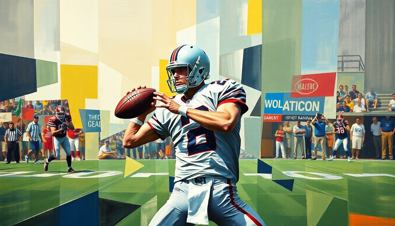A cubist-style painting depicting a football quarterback in the process of dropping back to pass, with the figure broken down into sharp, overlapping geometric shapes and planes of color, conveying the complexity and uncertainty of Vanderbilt's quarterback competition.