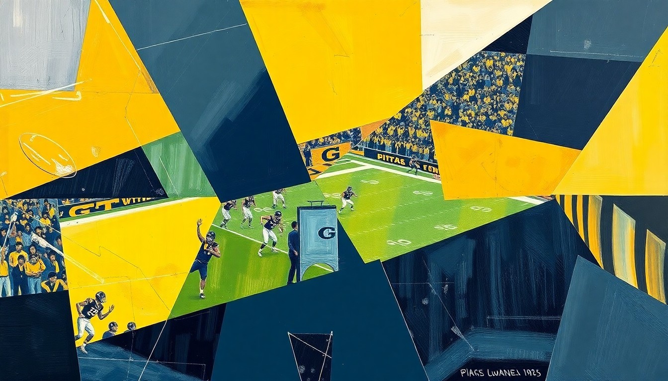 A fragmented, cubist-style painting depicting a Georgia Tech football game, with the players and field abstracted into sharp, overlapping geometric shapes in the team's colors of old gold and navy blue, conveying the dynamic energy and progress of the program's transition.