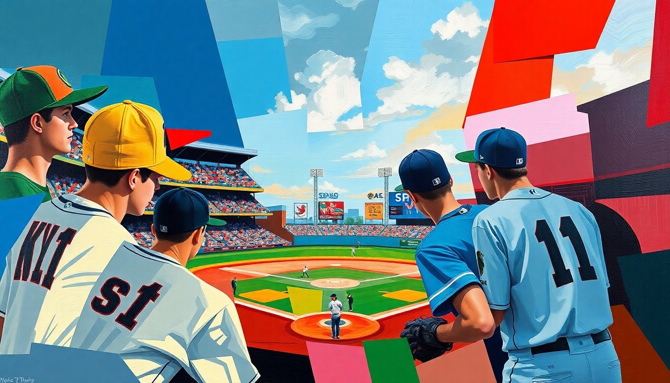 A cubist, geometric painting depicting a baseball game in motion, with sharp, overlapping shapes and planes of color representing the players, field, and action.