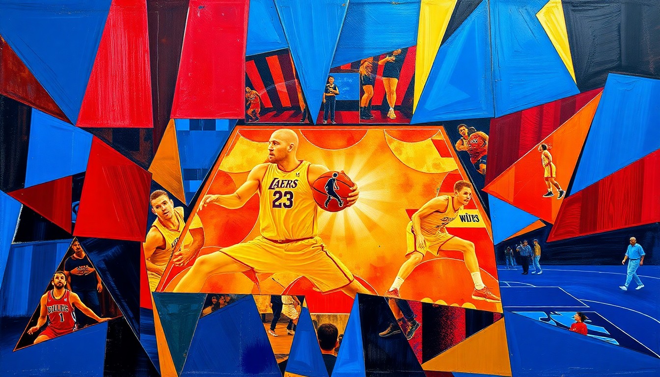 A fractured, multi-perspective painting depicting the dynamic action of a basketball game, with sharp geometric shapes in bold colors representing the players, court, and ball in motion.