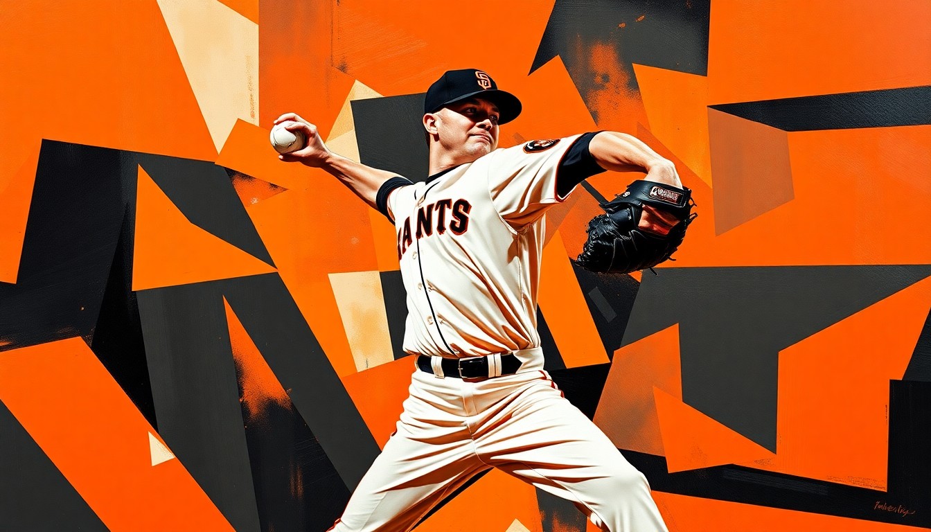 A fractured, geometric painting depicting a baseball pitcher's throwing motion broken down into sharp, overlapping planes of orange, black, and white.