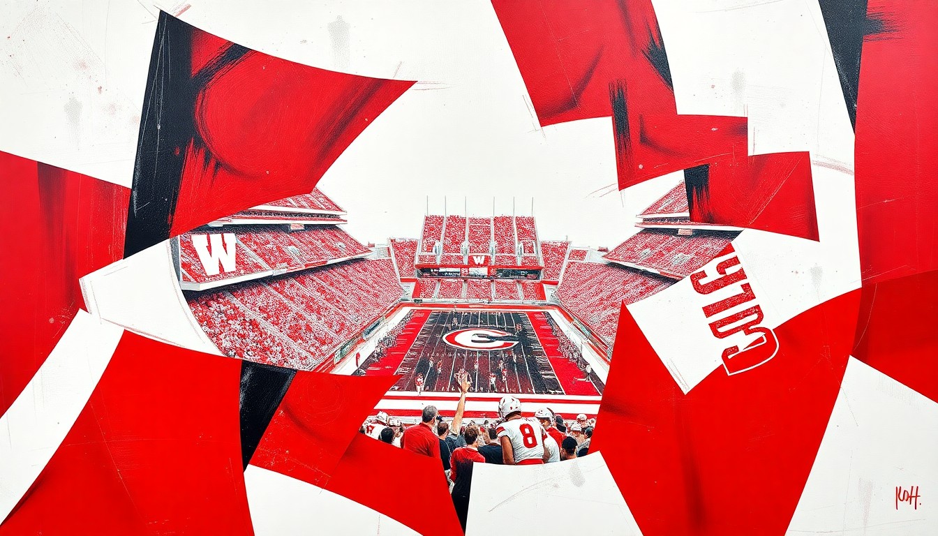 A cubist, geometric painting depicting a Wisconsin Badgers football game, with sharp planes of red, white, and black overlapping to create a fractured, multi-perspective view of the action on the field.