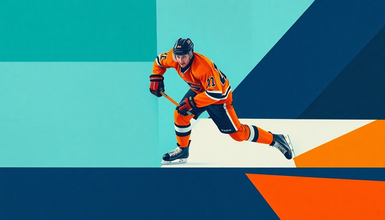 A cubist-style painting depicting a hockey player in mid-stride, with their body fractured into sharp, overlapping geometric shapes in shades of teal, orange, and navy blue, conveying the energy and movement of the sport.